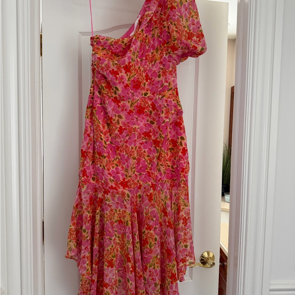 Astr Pink and Red Floral One-Shoulder Dress